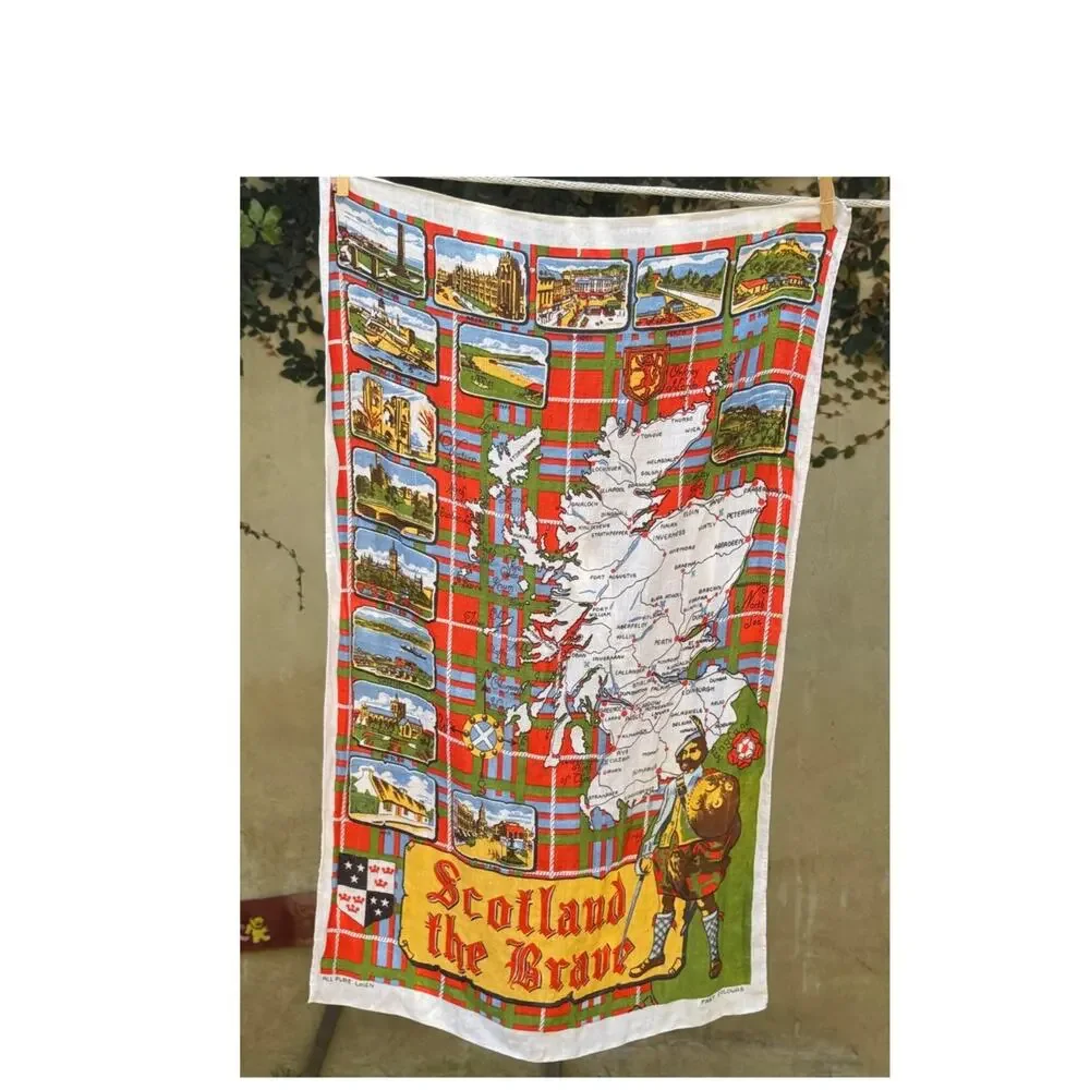 Vintage Scotland the Brave Linen Tea Towel Map Tartan Souvenir 18x30 1970s
